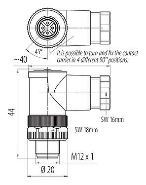 Dibujo a escala M12 Conector macho en ángulo, Número de contactos: 4, 6,0-8,0 mm, sin blindaje, tornillo extraíble, IP67, UL 2238