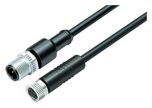 Illustration M12/M8 Male cable connector - female cable connector, Contacts: 3, unshielded, moulded on the cable, IP67/IP69K, UL 2238, PUR, black, 3 x 0.34 mm², 1 m