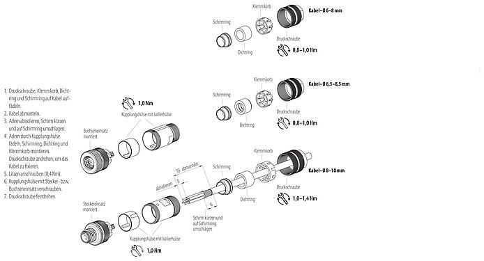 Montageanleitung M12 Kabelstecker, Polzahl: 5, 6,0-8,0 mm, schirmbar, schraubklemm, IP67, UL 2238