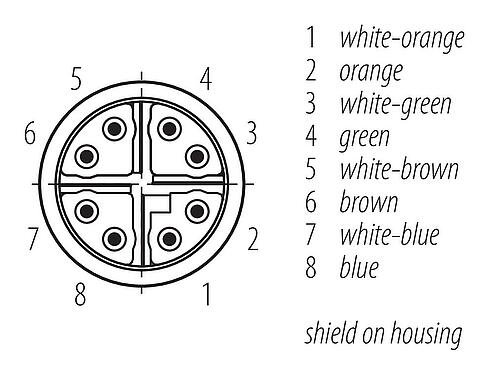 Contact arrangement (Plug-in side) M16 Male cable connector, Contacts: 8, 5.5-9.0 mm, shieldable, IDC, IP67
