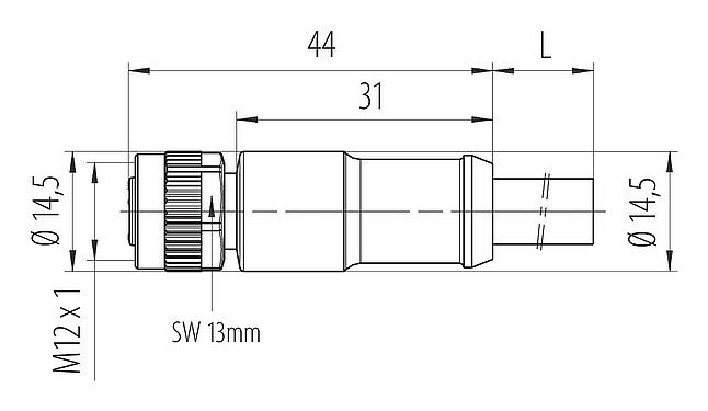 Dibujo a escala M12 Conector de cable hembra, Número de contactos: 4, sin blindaje, moldeado en el cable, IP68, UL 2238, PUR, negro, 4 x 1,50 mm², 2 m