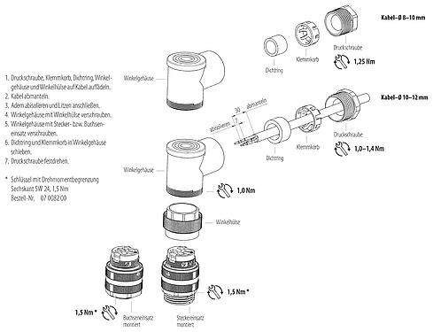 Montageanleitung 7/8" Winkeldose, Polzahl: 3+PE, 8,0-10,0 mm, ungeschirmt, schraubklemm, IP67, UL 2238, VDE