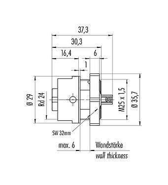 Maßzeichnung RD24 Flanschdose, Polzahl: 6+PE, ungeschirmt, schraubklemm, IP67, UL, ESTI+, VDE, Frontmontage