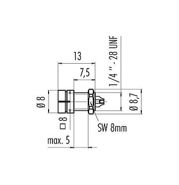 Scale drawing Snap-In Male panel mount connector, Contacts: 5, unshielded, solder, IP40, 1/4" 28 UNF, Front mounting