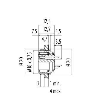Dessin coté M16 Embase femelle, Contacts: 7 (07-a), non blindé, souder, IP67, UL 2238, M18x0,75, Montage mural arrière