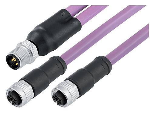 Illustration M12 Male cable splitter - 2 female cable connectors, Contacts: 5, shielded, moulded on the cable, IP67, CAN-Bus, PUR, violet, 1 x 2 x AWG 22 + 1 x 2 x AWG 24, 2 m