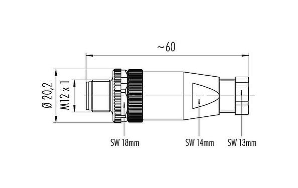 Dibujo a escala M12 Conector de cable macho, Número de contactos: 4, 4,0-6,0 mm, sin blindaje, crimpado (los contactos de crimpado deben pedirse por separado), IP67, UL 2238