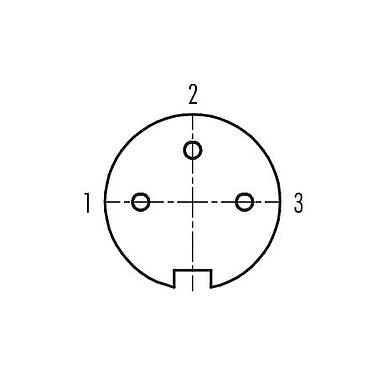 Disposition des contacts (Côté plug-in) 99 0106 118 03 - M16 Connecteur femelle coudé, Contacts: 3 (03-a), 4,0-6,0 mm, non blindé, souder, IP67