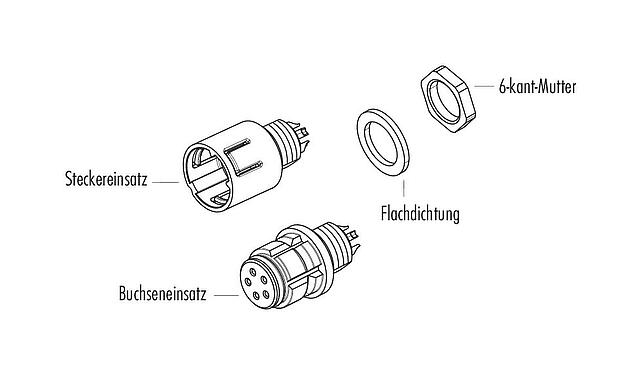 Einzelteildarstellung Snap-In Flanschstecker, Polzahl: 5, ungeschirmt, löten, IP67, M8x0,75, Frontmontage