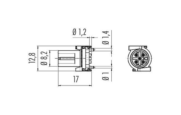 Scale drawing M12 Female receptacle, Contacts: 5, shieldable, SMT, IP67