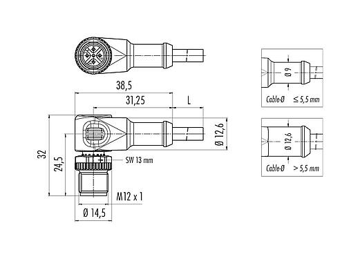 Scale drawing 77 3427 0000 20004-0500 - M12 Male angled connector, Contacts: 4, unshielded, moulded on the cable, IP69K, UL, PVC, grey, 4 x 0.34 mm², 5 m