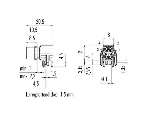 Maßzeichnung M8 Flanschdose, gewinkelt, Polzahl: 4, ungeschirmt, THR, IP67, UL 2238