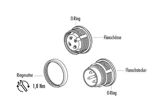 Einzelteildarstellung M16 Flanschstecker, Polzahl: 5 (05-b), ungeschirmt, löten, IP67, UL 2238, M18x0,75, Rückwandmontage