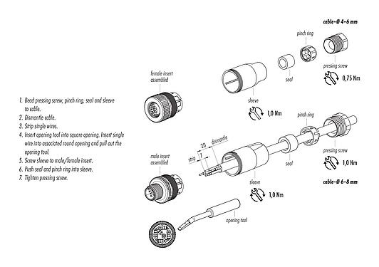 Instructions de montage M12 Connecteur mâle, Contacts: 4, 4,0-6,0 mm, non blindé, raccord sur bornier à ressort, IP67