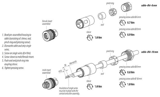Instructions de montage M12 Connecteur mâle, Contacts: 2+PE, 8,0-10,0 mm, non blindé, pince à visser, IP67, UL 2238