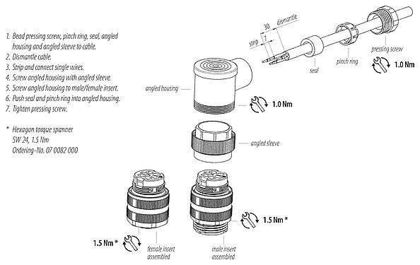 Instructions de montage 7/8" Connecteur femelle coudé, Contacts: 4+PE, 6,0-8,0 mm, non blindé, pince à visser, IP67, UL 2238, VDE
