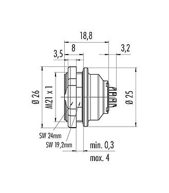 Schaaltekening Push Pull Female panel mount connector, aantal polen: 12, onafgeschermd, soldeer, IP67, M21x1,0, Achterwandmontage