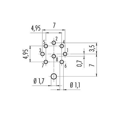 Conductor layout 09 0127 290 07 - M16 Male panel mount connector, Contacts: 7 (07-a), shieldable, THT, IP68, UL, front fastened