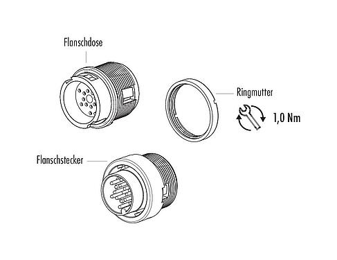Einzelteildarstellung Bajonett Flanschdose, Polzahl: 5, ungeschirmt, löten, IP40, M18x0,75, Frontmontage