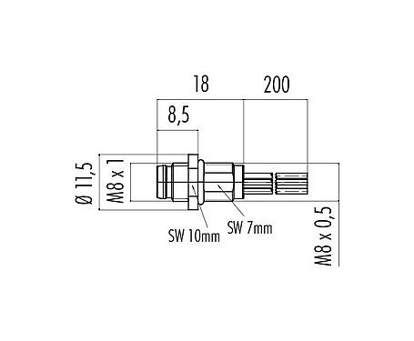 Scale drawing 76 6019 0111 00008-0200 - M8 Male panel mount connector, Contacts: 8, unshielded, single wires, IP67/IP69K, UL, M8x0.5