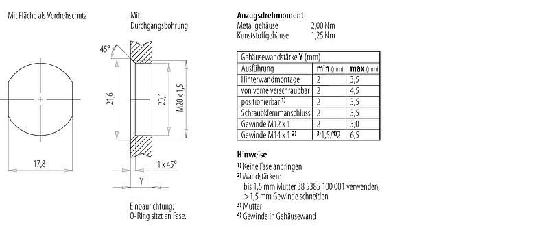 Montageanleitung / Montageausschnitt M12 Flanschstecker, Polzahl: 5, ungeschirmt, löten, IP67, UL 2238, M20x1,5, Frontmontage
