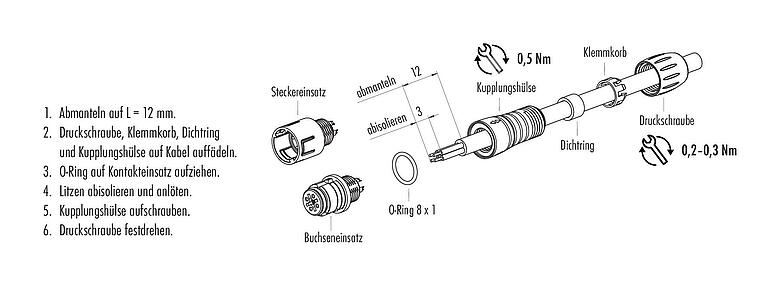 Montageanleitung Snap-In Kabeldose, Polzahl: 8, 3,5-5,0 mm, ungeschirmt, löten, IP67