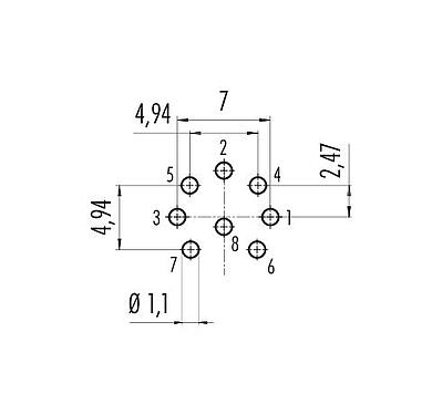 Conductor layout 09 0173 99 08 - M16 Male panel mount connector, Contacts: 8 (08-a), unshielded, THT, IP68, UL, AISG compliant, front fastened