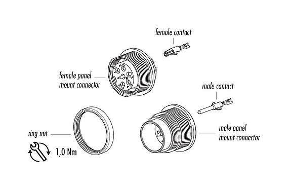 Component part drawing M16 Female panel mount connector, Contacts: 5 (05-a), unshielded, crimping (Crimp contacts must be ordered separately), IP40, M18x0,75, Rear mounting