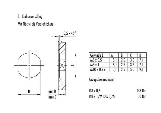 Montageanleitung / Montageausschnitt M8 Flanschstecker, gewinkelt, Polzahl: 4, schirmbar, THT, IP67, Rückwandmontage