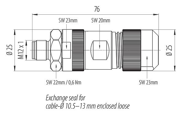 Desenho da escala 99 0639 39 05 - M12 Plugue de cabo, Contatos: 4+FE, 8,0-13,0 mm, desprotegido, pinça de parafuso, IP67, M12x1,0, Aço inoxidável