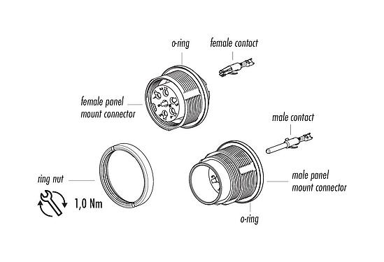 Component part drawing 09 0127 780 07 - M16 Male panel mount connector, Contacts: 7 (07-a), unshielded, crimping (Crimp contacts must be ordered separately), IP67, UL, front fastened