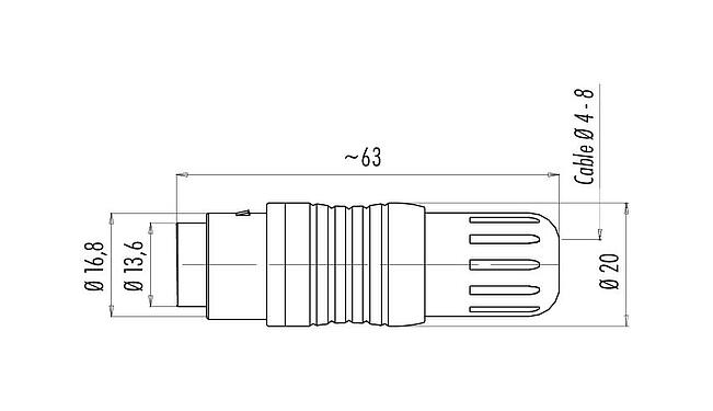 Dessin coté Push Pull Connecteur femelle, Contacts: 6, 4,0-8,0 mm, blindable, souder, IP67