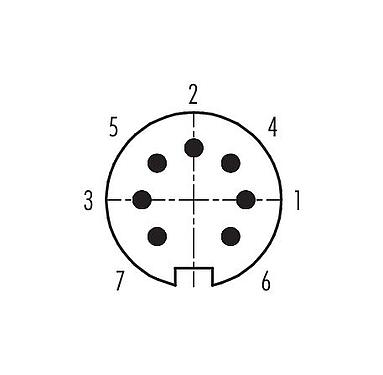 Koskettimien järjestys (plug in -puoli) 99 0581 106 07 - M16 Kulmapistoke, Napojen määrä: 7 (07-b), 4,0-6,0 mm, suojaamaton, juotos, IP67