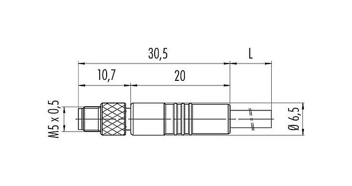 Maßzeichnung M5 Kabelstecker, Polzahl: 4, geschirmt, am Kabel angespritzt, IP67, UL 2238, M5x0,5, PUR, schwarz, 4 x 0,14 mm², 2 m
