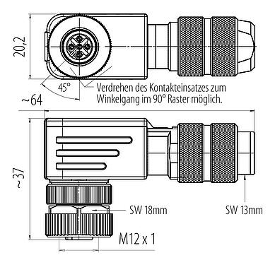 Maßzeichnung M12 Winkeldose, Polzahl: 4, 5,0-8,0 mm, schirmbar, schraubklemm, IP67, UL 2238, Irisfeder