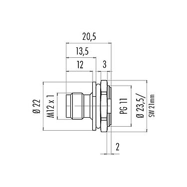 Desenho da escala M12 Bujão flangeado, Contatos: 4, desprotegido, solda, IP67, PG 11, Montagem frontal