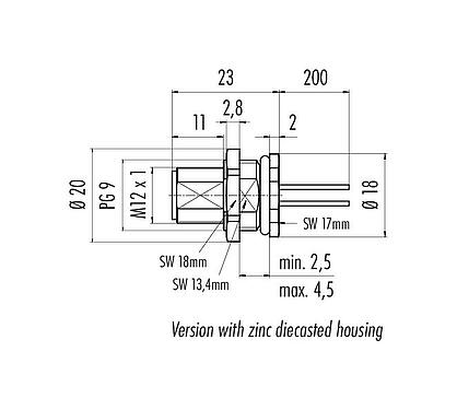 Dibujo a escala M12 Enchufe de brida, Número de contactos: 5, sin blindaje, hilos, IP68, UL 2238, PG 9, Montaje en pared
