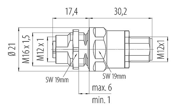 Dibujo a escala M12 Casquillo del armario de distribución, Número de contactos: 4+FE, blindado, enchufable, IP67, UL 2238, M12x1,0, Montaje en pared