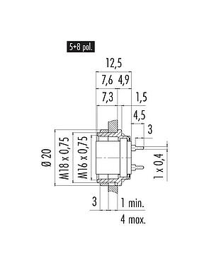 Scale drawing M16 Female panel mount connector, Contacts: 5 (05-a), unshielded, THT, IP40, M18x0,75, Rear mounting