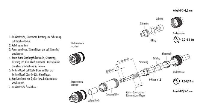 Montageanleitung M8 Kabelstecker, Polzahl: 3, 3,5-5,0 mm, schirmbar, löten, IP67, UL 2238