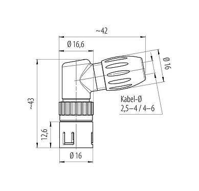 Maßzeichnung Snap-In Winkelstecker, Polzahl: 5, 2,5-4,0 mm, ungeschirmt, löten, IP67