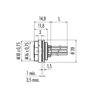 Scale drawing M16 Female panel mount connector, Contacts: 6 (06-a), unshielded, single wires, IP67, UL 2238, M18x0,75, Rear mounting