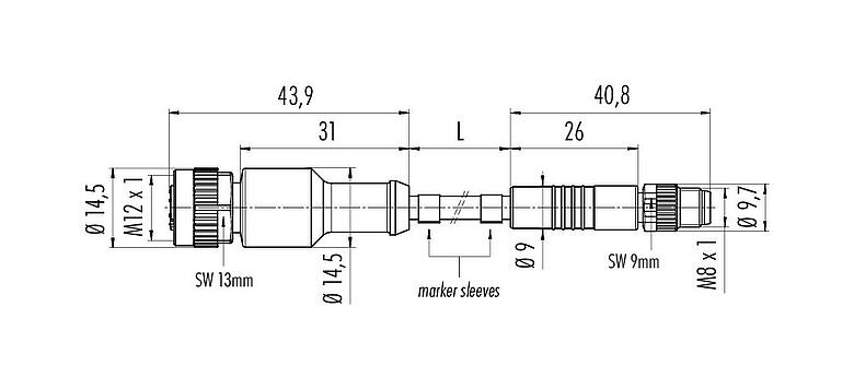Scale drawing M12/M8 Female cable connector - Male cable connector, Contacts: 3, unshielded, moulded on the cable, IP67/IP69K, UL 2238, PUR, black, 3 x 0.34 mm², 2 m