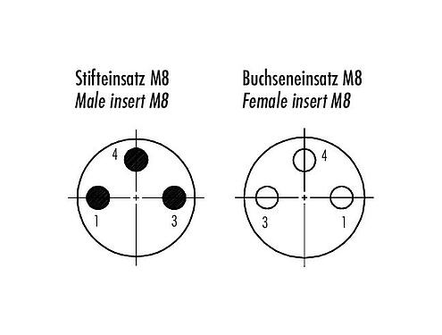 Polbild (Steckseite) M8 Schaltschrankdurchführung, Polzahl: 3, geschirmt, steckbar, IP67, M8x1,0, Rückwandmontage