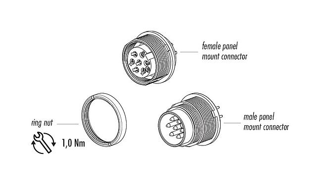 Component part drawing 09 0473 90 08 - M16 Male panel mount connector, Contacts: 8 (08-a), unshielded, THT, IP40, front fastened