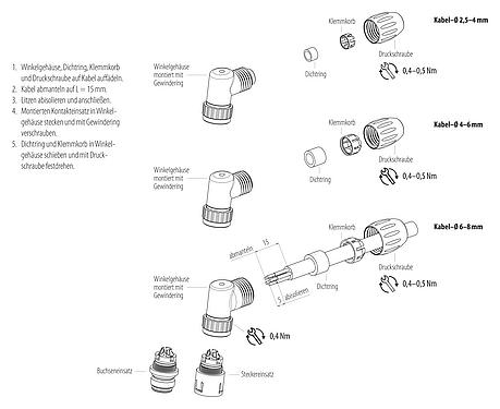 Montageanleitung Snap-In Winkelstecker, Polzahl: 5, 2,5-4,0 mm, ungeschirmt, löten, IP67