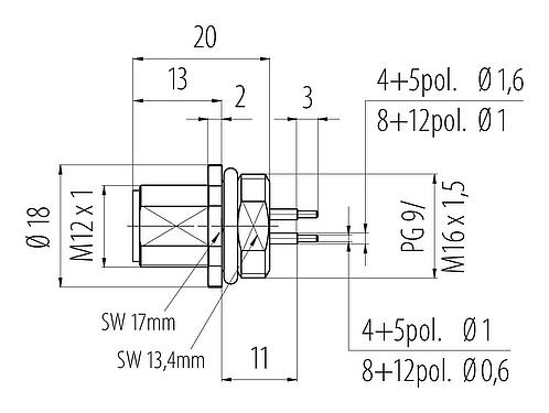 Dibujo a escala M12 Enchufe de brida, Número de contactos: 5, sin blindaje, THT, IP68, UL 2238, PG 9, Montaje frontal