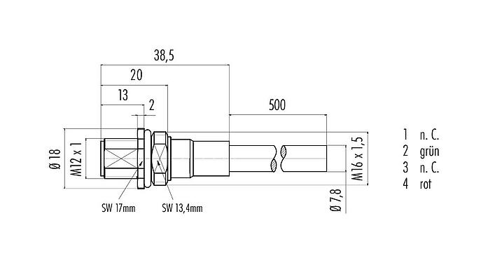 Maßzeichnung 70 4433 246 04 - M12 Flanschstecker, Polzahl: 2, geschirmt, mit Kabel konfektioniert, IP68, M16x1,5, Profibus, PUR, violett, 1 x 2 x 0,25 mm², 0,5 m