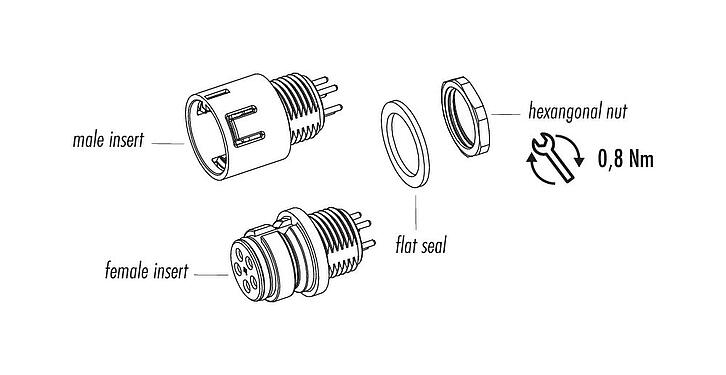 Component part drawing Snap-In Female panel mount connector, Contacts: 5, unshielded, THT, IP67, VDE, M12x1.0, Front mounting