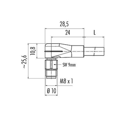 Scale drawing M8 Male angled connector, Contacts: 8, unshielded, moulded on the cable, IP67/IP69K, UL 2238, PVC, grey, 8 x 0.25 mm², stainless steel, 5 m